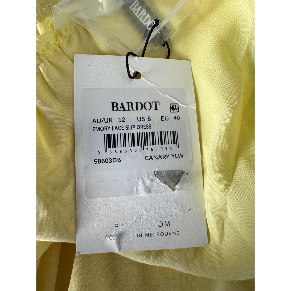 Bardot Lace Trim Midi Dress Lemon Yellow Satin Cutout Back size Large NWT - Picture 9 of 9